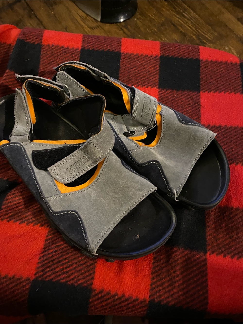 Gray Suede Men's Sandals with Orange Accents - Adjustable Strap